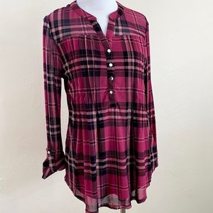 Ava & Grace Blouse Pink Black Plaid 3/4 Sleeves Medium